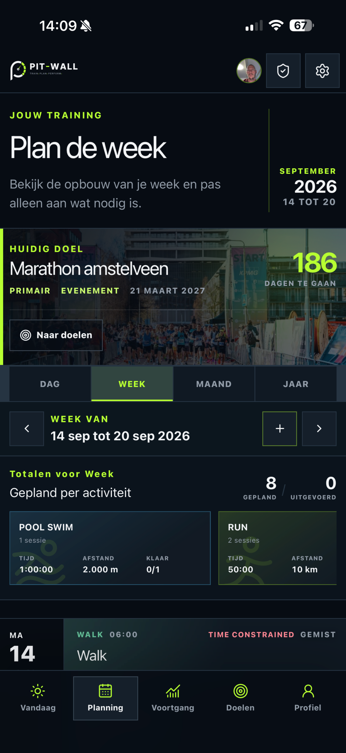 Mobiele Pitwall-weekplanning met een marathon als doel, aftelkalender en geplande activiteiten.