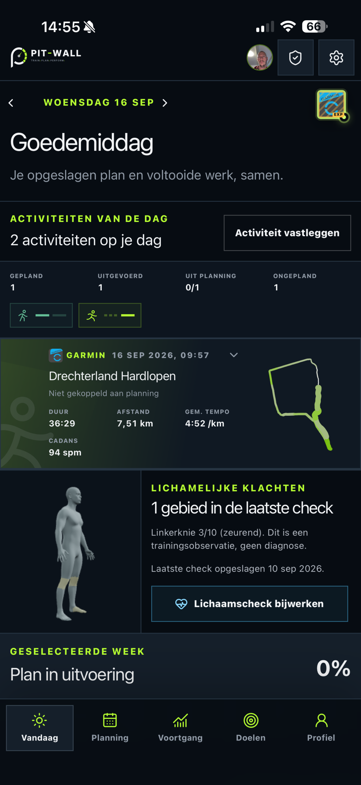 Pitwall-dagoverzicht met een hardloopactiviteit, planning en een lichaamsmodel met een gemarkeerde linkerknie en vastgelegde klacht.