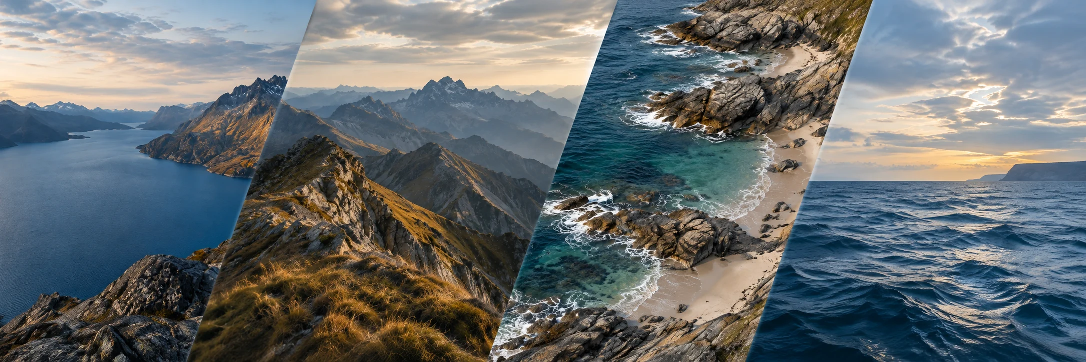 Vier landschappen naast elkaar met schuine overgangen: een bergmeer, een bergkam, een rotsachtige kustlijn en de open oceaan.