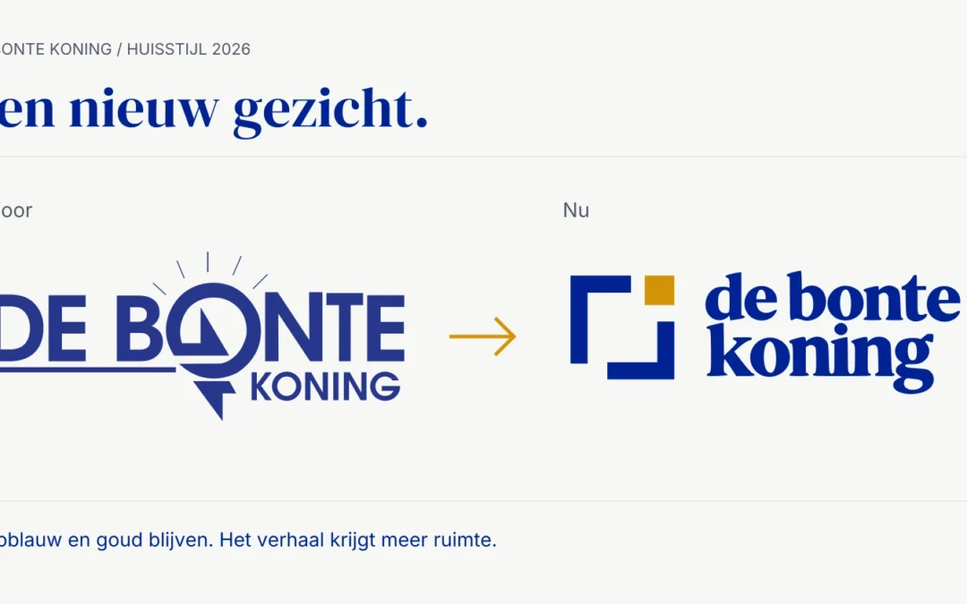 Het oude logo van De Bonte Koning met lampje en flits, naast het nieuwe logo met een open blauw kader en gouden blokje.