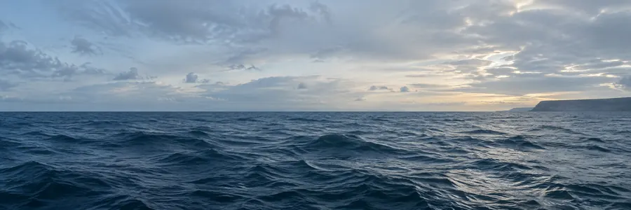 Een brede oceaanhorizon onder zacht avondlicht.
